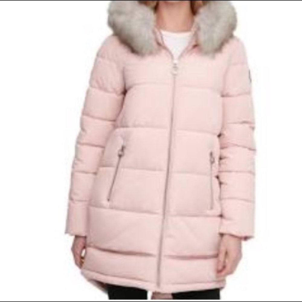 DKNY Faux-Fur-Trim Hooded Pink Puffer MIDI Quilted Coat S NWOT